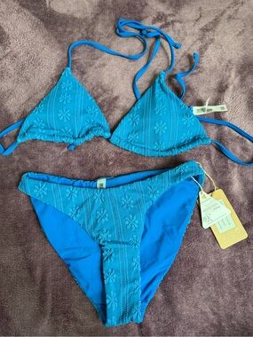 Blue Floral Textured Triangle Bikini Set